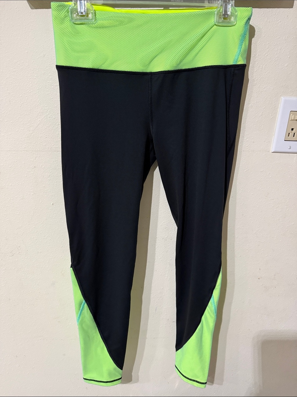 Victoria's Secret Sport Black Leggings with Neon Green Waistband & Accents